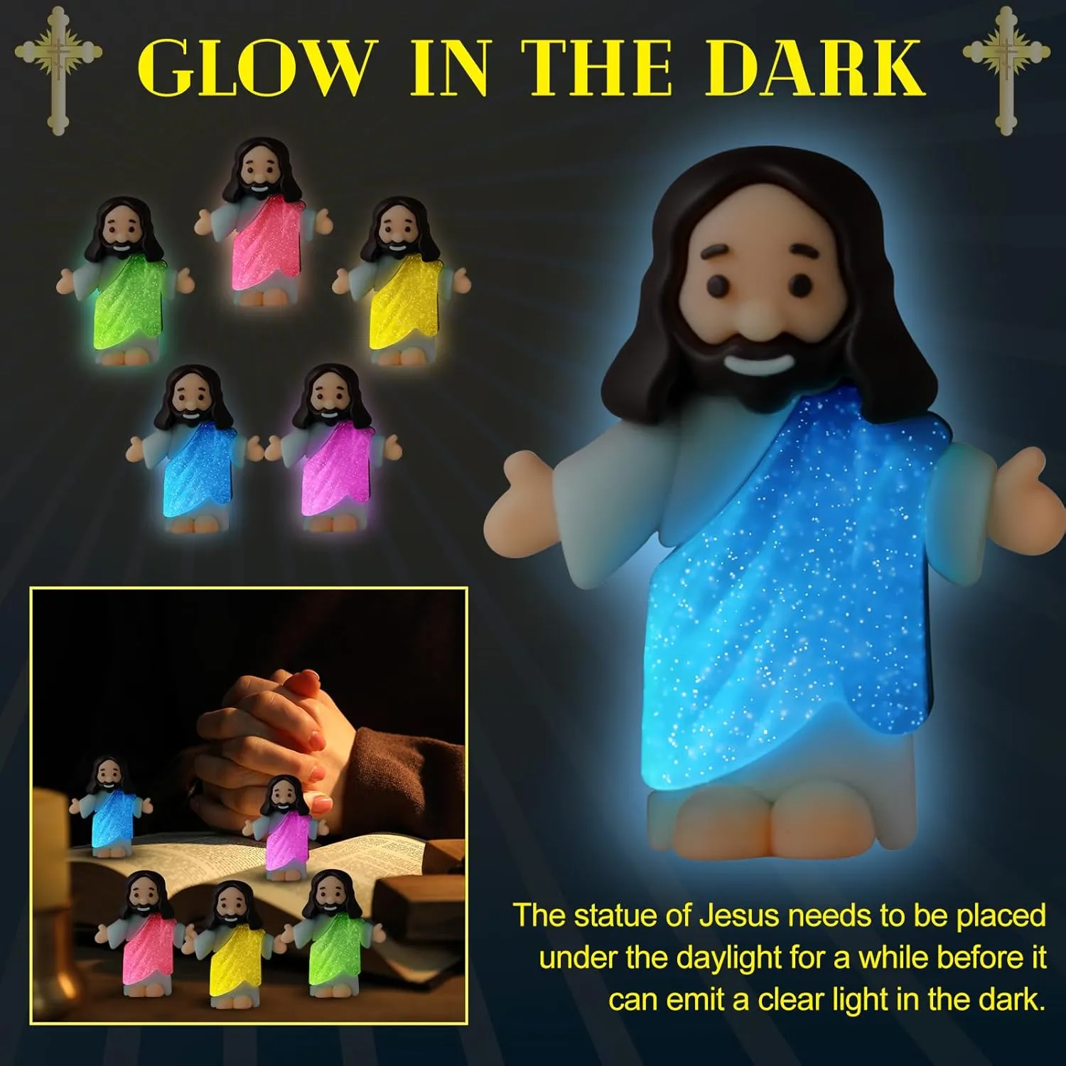 Gift(Open Arms Style & Landscape Card) 50 Sets Little macaque Jesus Figures Glow in the Dark with Let Your Light Shine Cards Luminous Mini Rubber Jesus Figurines Toys for Hide and Seek Sunday Religious 