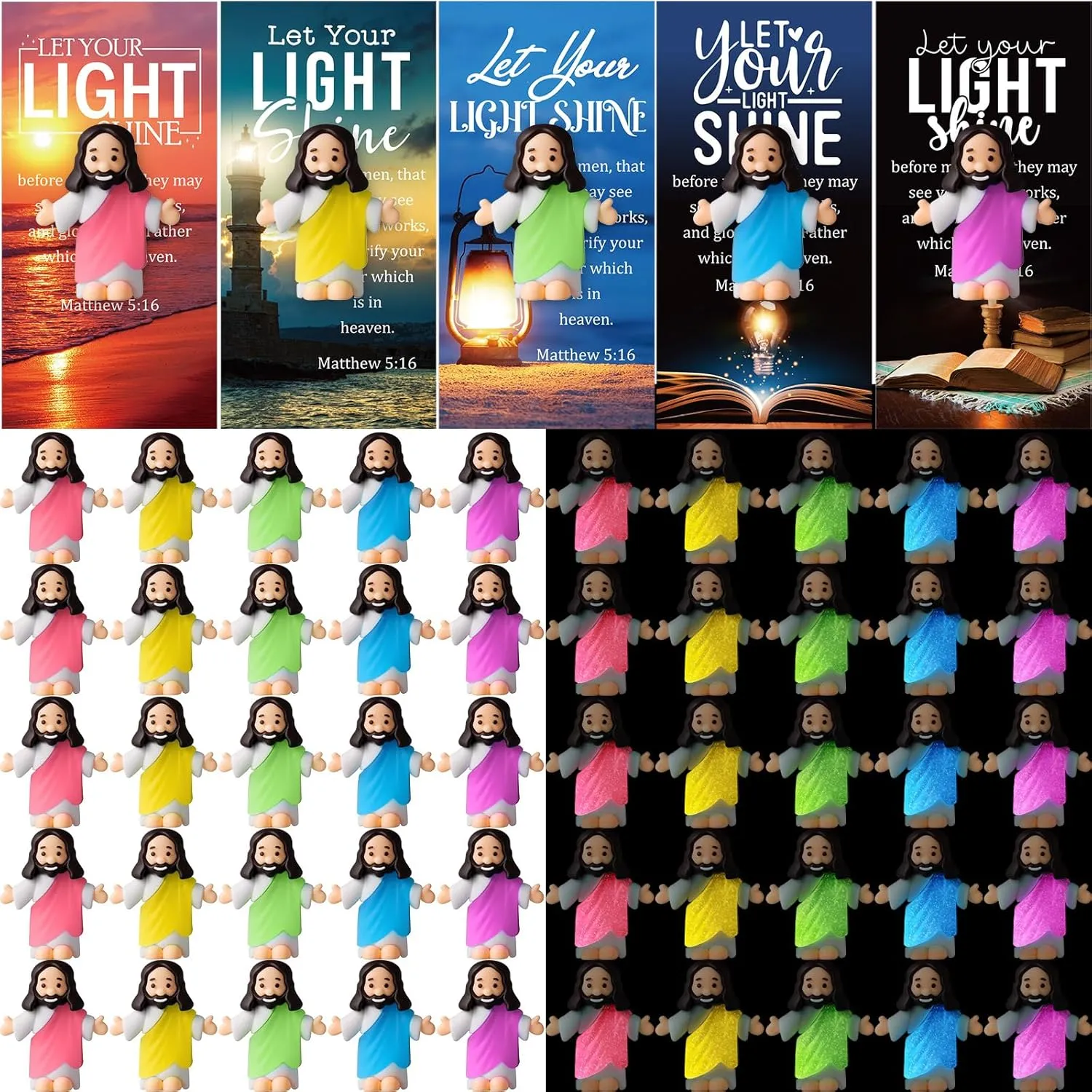 Gift(Open Arms Style & Landscape Card) 50 Sets Little macaque Jesus Figures Glow in the Dark with Let Your Light Shine Cards Luminous Mini Rubber Jesus Figurines Toys for Hide and Seek Sunday Religious 