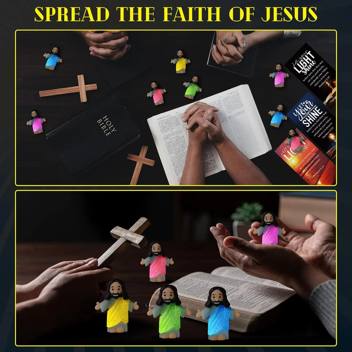 Gift(Open Arms Style & Landscape Card) 50 Sets Little macaque Jesus Figures Glow in the Dark with Let Your Light Shine Cards Luminous Mini Rubber Jesus Figurines Toys for Hide and Seek Sunday Religious 