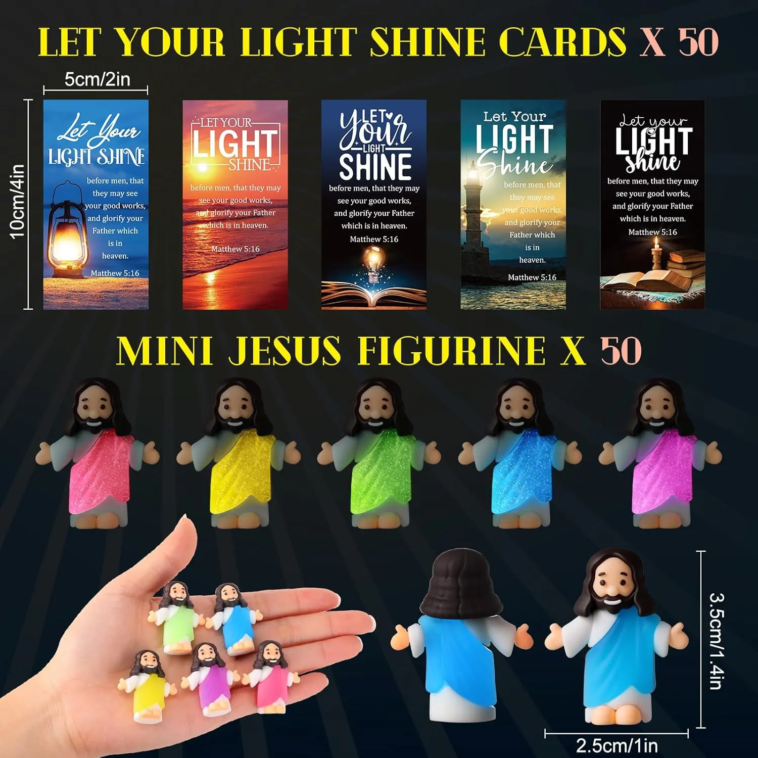 Gift(Open Arms Style & Landscape Card) 50 Sets Little macaque Jesus Figures Glow in the Dark with Let Your Light Shine Cards Luminous Mini Rubber Jesus Figurines Toys for Hide and Seek Sunday Religious 