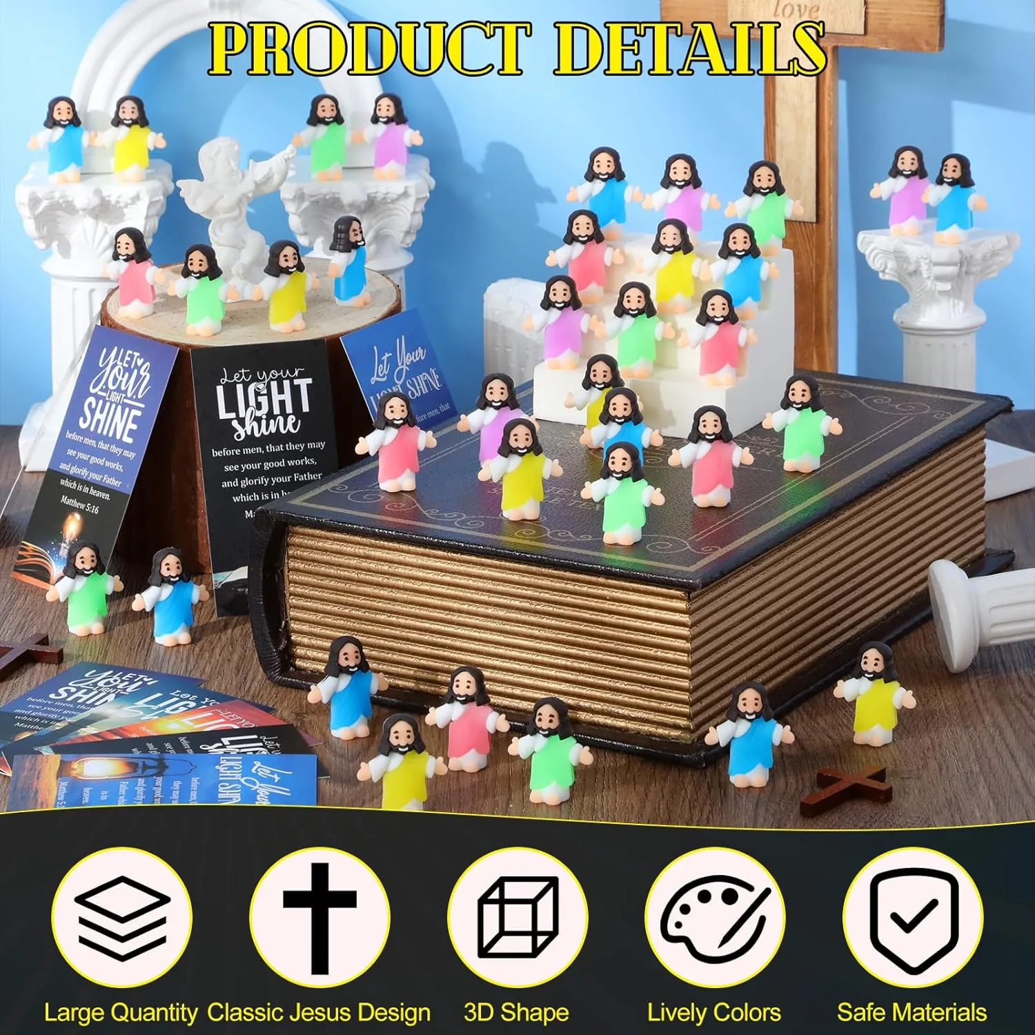 Gift(Open Arms Style & Landscape Card) 50 Sets Little macaque Jesus Figures Glow in the Dark with Let Your Light Shine Cards Luminous Mini Rubber Jesus Figurines Toys for Hide and Seek Sunday Religious 