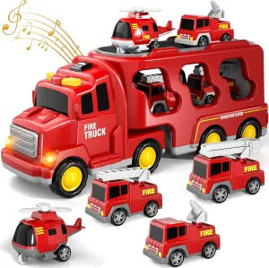 Gifts Boys & Girls 3-5 Old Doloowee Fire Truck Toys for Toddlers 3 4 5 6 Years Old$ in 1 Friction Power Toy Car$ Rescue Truck$ walnut Ladder Helicopter and Sprinkler$ Christmas Birthday 