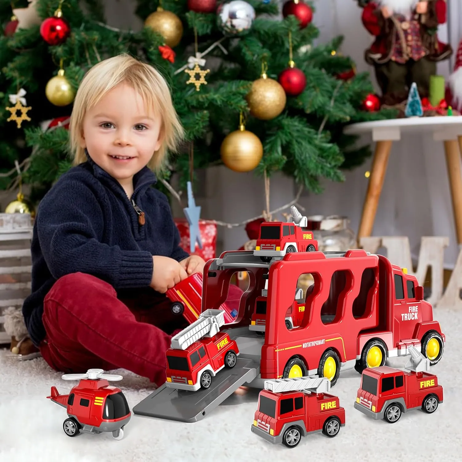 Gifts Boys & Girls 3-5 Old Doloowee Fire Truck Toys for Toddlers 3 4 5 6 Years Old$ in 1 Friction Power Toy Car$ Rescue Truck$ walnut Ladder Helicopter and Sprinkler$ Christmas Birthday 