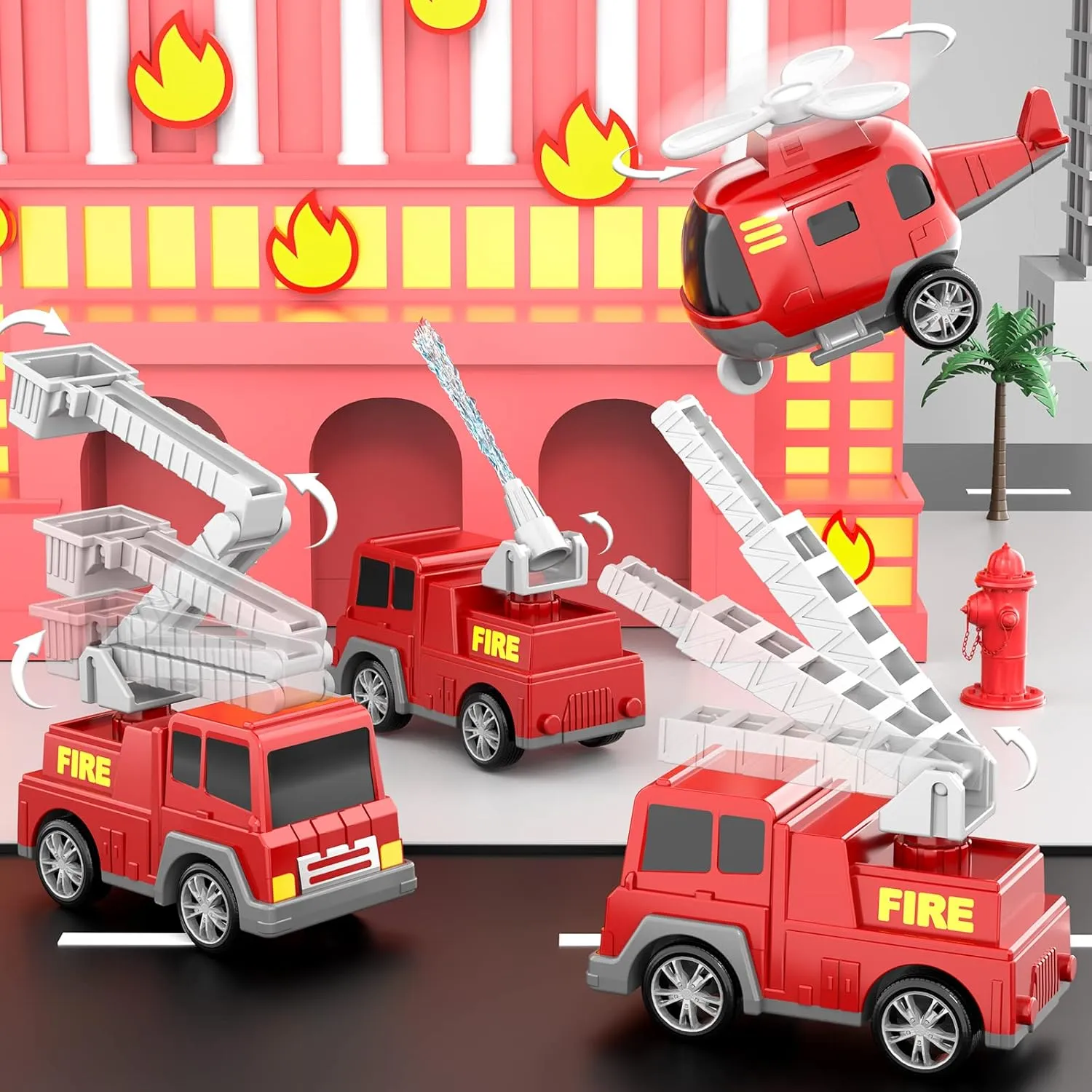 Gifts Boys & Girls 3-5 Old Doloowee Fire Truck Toys for Toddlers 3 4 5 6 Years Old$ in 1 Friction Power Toy Car$ Rescue Truck$ walnut Ladder Helicopter and Sprinkler$ Christmas Birthday 