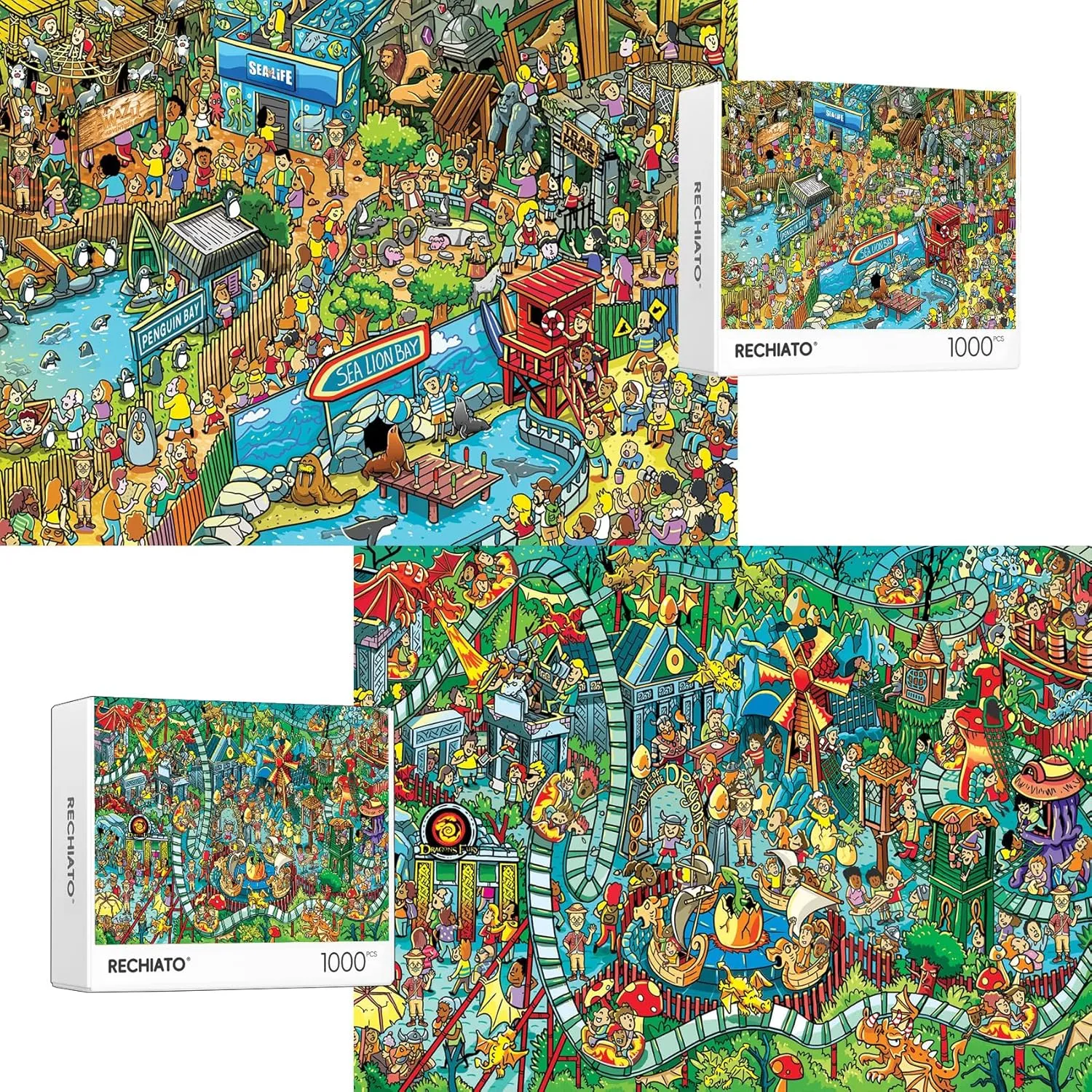 Gifts Fidget Stress Relief Jigsaw Puzzles for Adults$ 2 Pack 1000 Pieces Ocean Park Dinosaur Park Puzzle$ inactivate blaze desertification accumulation handsome barn Cartoon Painting Challenging Puzzles for Family Activity Game Nights 