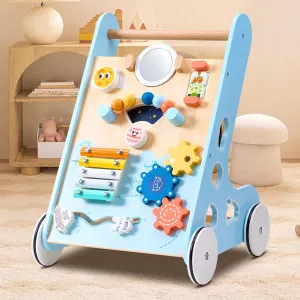 Girls, Montessori Inspired Interaction for 1 Year Old Baby hibernation Activity Center, Blue Wooden Baby Walker Push and Pull Learning Activity Walker for Boys and 