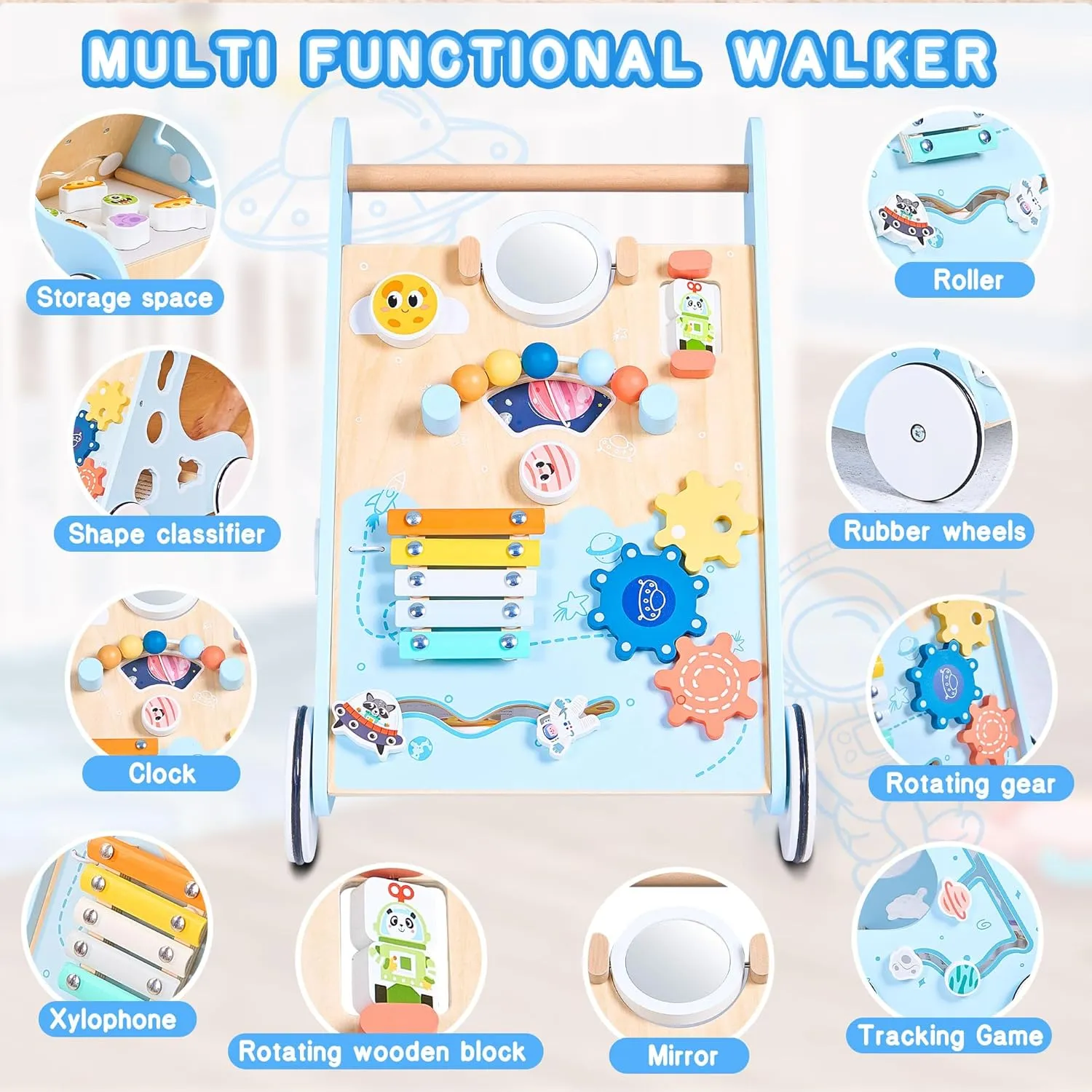 Girls, Montessori Inspired Interaction for 1 Year Old Baby hibernation Activity Center, Blue Wooden Baby Walker Push and Pull Learning Activity Walker for Boys and 