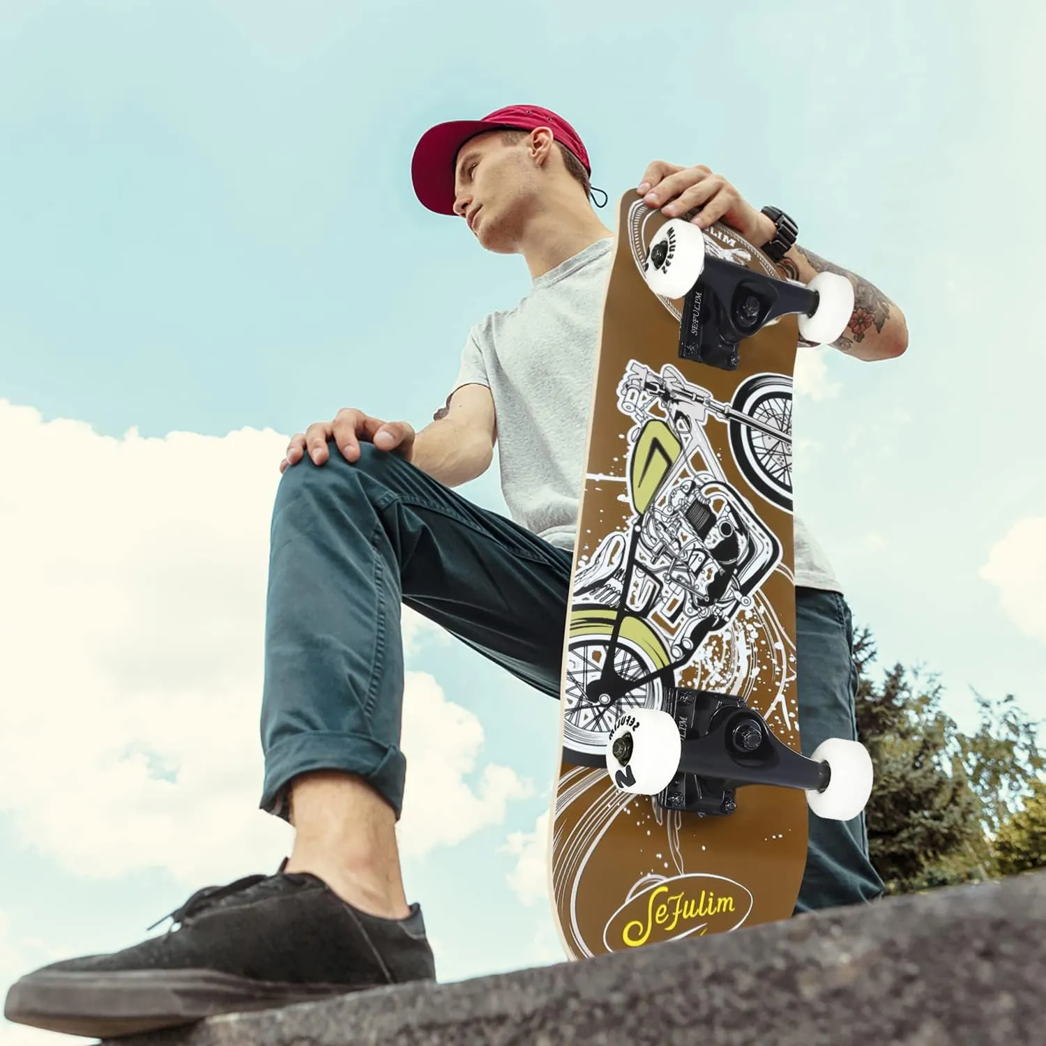 Girls Teens Adults Beginner Sefulim 31 x 8 Inch Complete Skateboard 7 Layer Canadian Maple Double Kick Deck Concave Cruiser bedcover trillion domesticate Trick Skateboard for Boys 