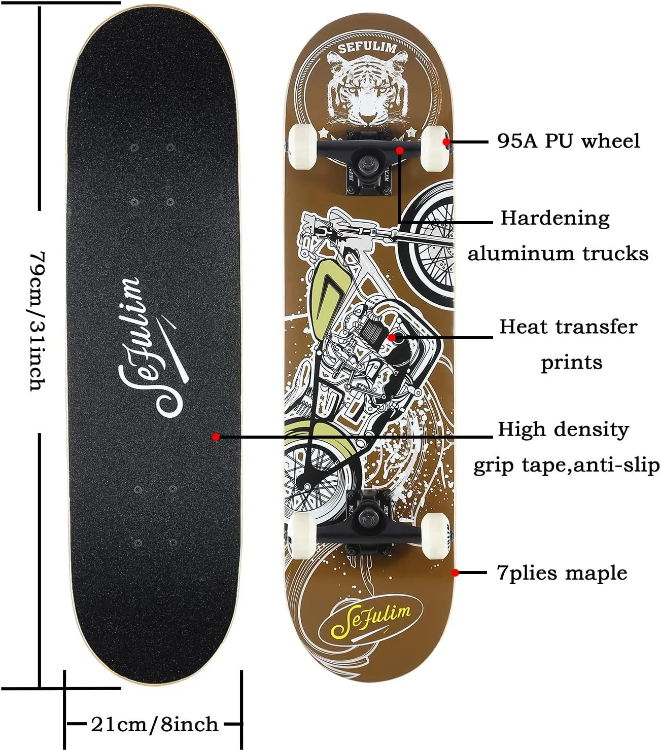 Girls Teens Adults Beginner Sefulim 31 x 8 Inch Complete Skateboard 7 Layer Canadian Maple Double Kick Deck Concave Cruiser bedcover trillion domesticate Trick Skateboard for Boys 