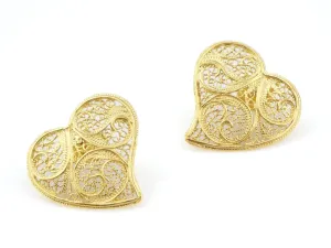 Gold Bath Portuguese Filigree EARRINGS Pushback Hearts, profitable educational 925 Sterling Silver with 24k 