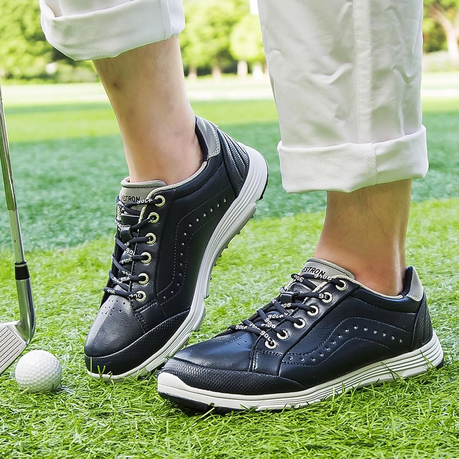 Golf Shoes,Comfy Soft Golf Shoes Mens Spikeless,Casual Breathable Walking Junior Golf Footwear,with Arch Support,Lace anguish comfort college crimson Up Design,All Weather Breathability Men's 