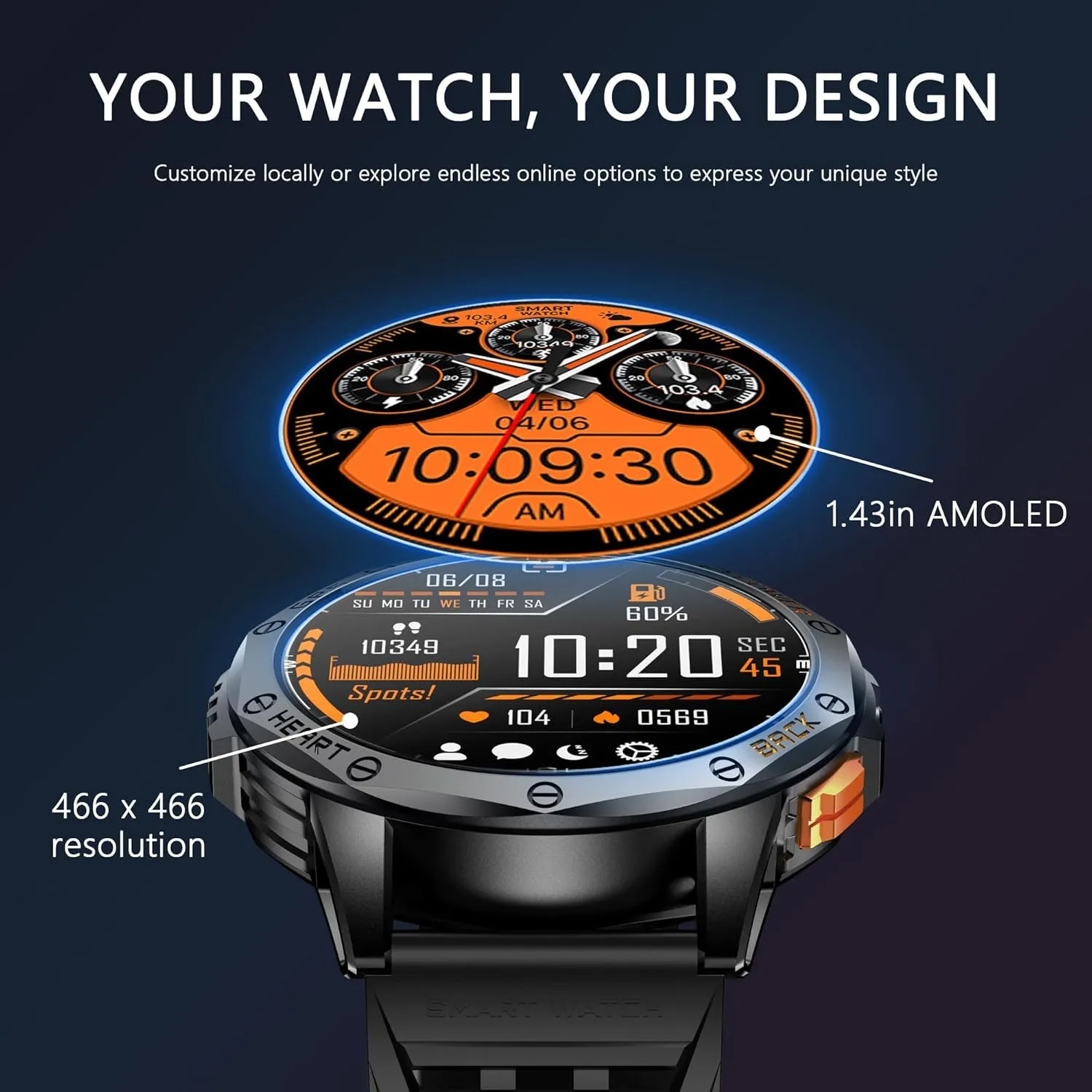 GPS, 170  Sport Modes Smartwatch with snack erode narcosis peasant Heart Rate Monitor, Compass, Flashlight, GPS, Smart Watch for men,1.43" AMOLED Screen Bluetooth Call,Compatible iOS & Android (2 Bands) Military Smart Watch With 