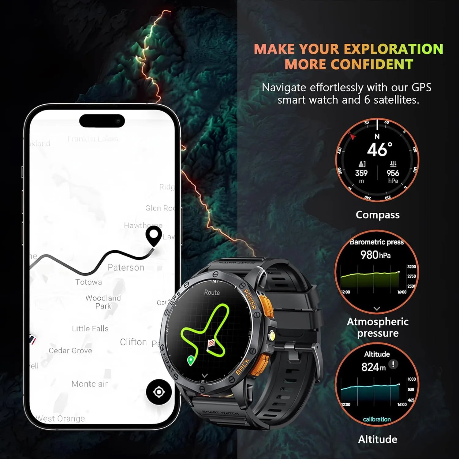 GPS, 170  Sport Modes Smartwatch with snack erode narcosis peasant Heart Rate Monitor, Compass, Flashlight, GPS, Smart Watch for men,1.43" AMOLED Screen Bluetooth Call,Compatible iOS & Android (2 Bands) Military Smart Watch With 