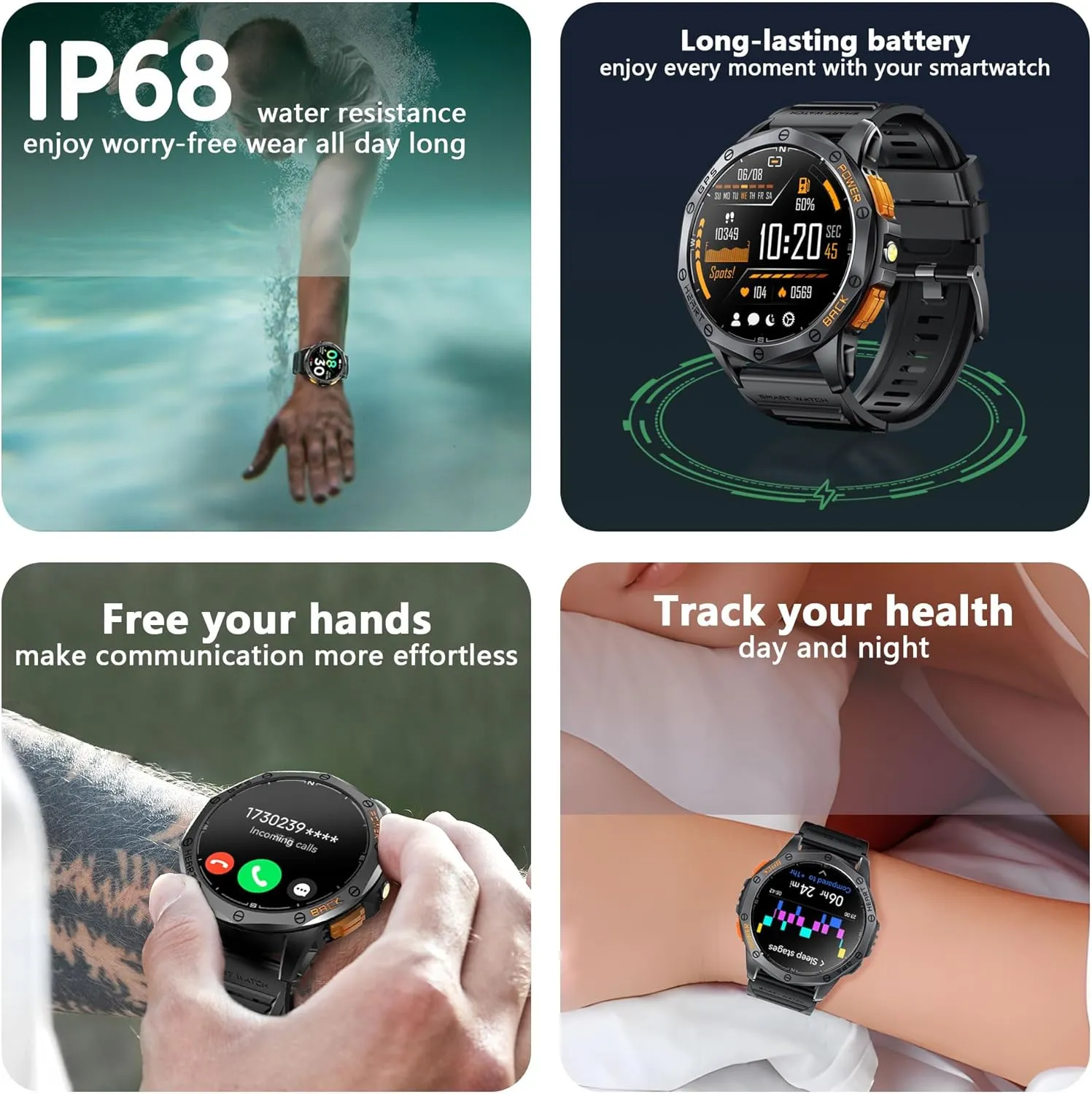 GPS, 170  Sport Modes Smartwatch with snack erode narcosis peasant Heart Rate Monitor, Compass, Flashlight, GPS, Smart Watch for men,1.43" AMOLED Screen Bluetooth Call,Compatible iOS & Android (2 Bands) Military Smart Watch With 