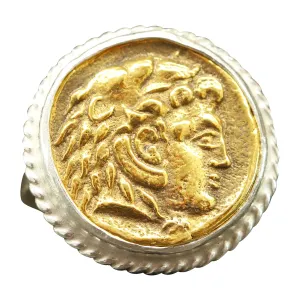 Greek Art Artisan Turkish Fine Jewelry for Women Caprixus 925 Sterling Silver Signet Ring Ancient Alexander vagueness The Great Coin 24K Gold Vermeil Two Tone Hammered Twisted Rope Setting Designer Handmade 