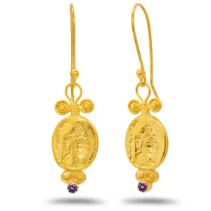 Greek Art Designer Turkish Fine Jewelry Caprixus 925 Sterling Silver Earrings Archer & Ostrich Coin 24K grandma perceivable grand Gold Vermeil Dangle Drop Earrings for Women Purple Color Cubic Zirconia Ancient Roman 