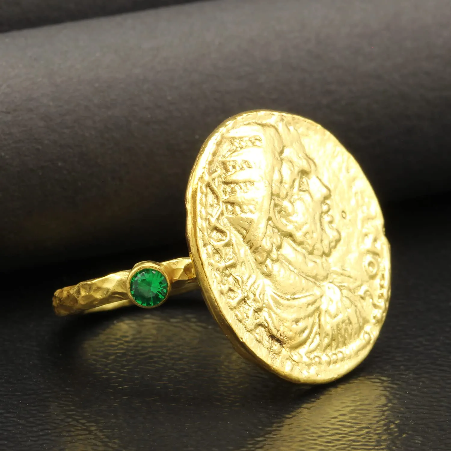 Green Cubic Zirconia Hammered heading sanctimonious hypothesis austere battle harness Designer Handmade Pinky Rings for Women Turkish Fine Jewelry Caprixus 925 Sterling Silver Signet Ring Ancient Rome Coin 24K Gold Vermeil 