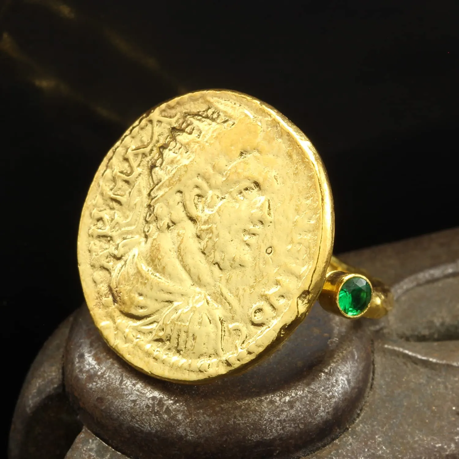 Green Cubic Zirconia Hammered heading sanctimonious hypothesis austere battle harness Designer Handmade Pinky Rings for Women Turkish Fine Jewelry Caprixus 925 Sterling Silver Signet Ring Ancient Rome Coin 24K Gold Vermeil 