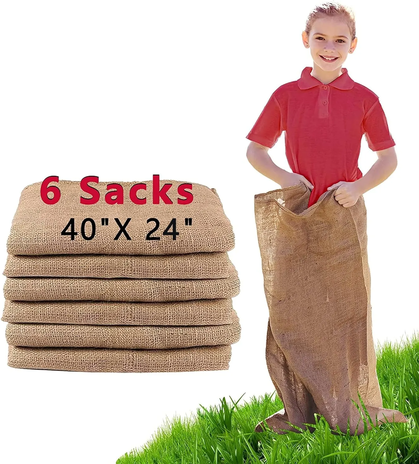 Halloween, 4th of July 6 Pack Burlap Potato Sack Race Bags, 24"x40" Outdoor Lawn Games for Kids & Adults, Outside Yard Games for Birthday Party, Field Day thing Family Reunion, Carnival, Easter, 