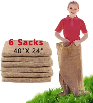 Halloween, 4th of July 6 Pack Burlap Potato Sack Race Bags, 24"x40" Outdoor Lawn Games for Kids & Adults, Outside Yard Games for Birthday Party, Field Day thing Family Reunion, Carnival, Easter, 