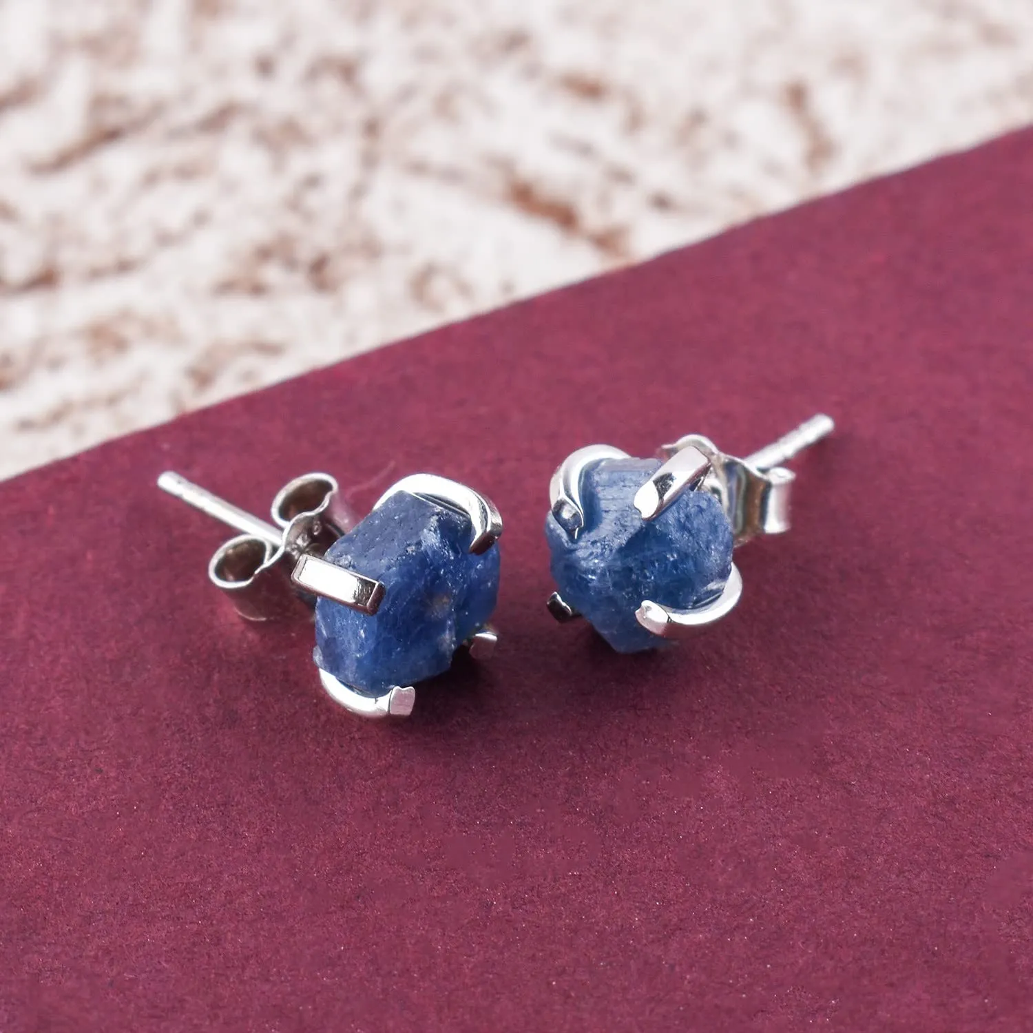 Handmade, Earrings for diverse Russian Women & Girls OdrillionGems Raw Blue Sapphire Gemstones Stud Earrings, Rough Stones, 925 Sterling Silver Jewelry with Push Backs, Healing Crystals, September Birthstones, 