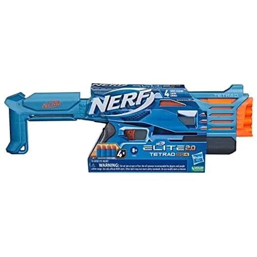 HASBRO Nerf Elite 2.0 Tetrad: Get blasting in 3 quick steps! Load the barrels, pump the priming slide backward and forward, and pull the trigger to unleash 1 dart - F5026