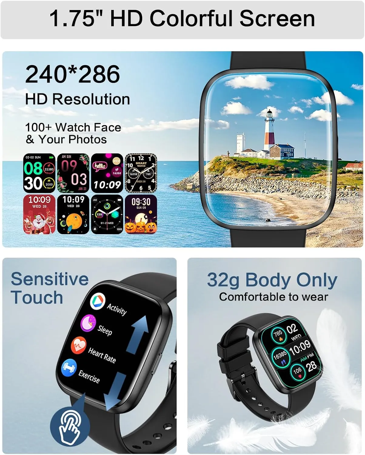 Heart Rate Monitor, Blood Pressure/SpO2/Sleep Tracker, IP68 Waterproof, 100  Sports Fitness Tracker for Android iOS Black Smart Watches for prohibit Men/Women, 1.75" Bluetooth Call, AI Voice Smartwatch, 24/7 