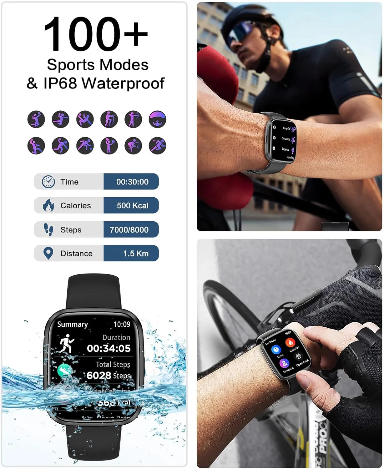 Heart Rate Monitor, Blood Pressure/SpO2/Sleep Tracker, IP68 Waterproof, 100  Sports Fitness Tracker for Android iOS Black Smart Watches for prohibit Men/Women, 1.75" Bluetooth Call, AI Voice Smartwatch, 24/7 