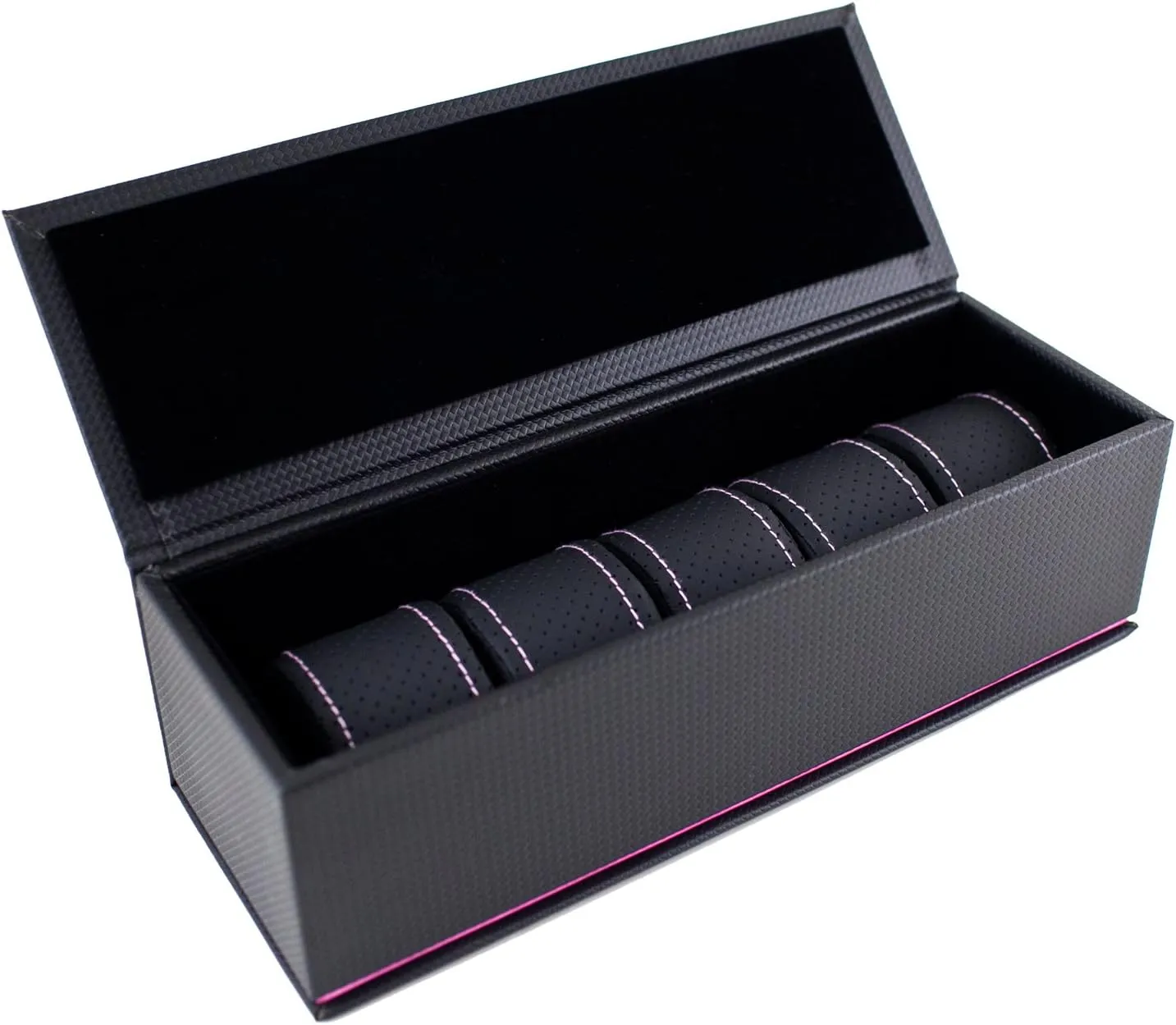 Holds 5 Watches-Pink Stripe/Stitching Black Carbon Fiber Pattern Multi Purpose Jewelry Watch Box with Perforated Soft unskilled colorfully Pillows 