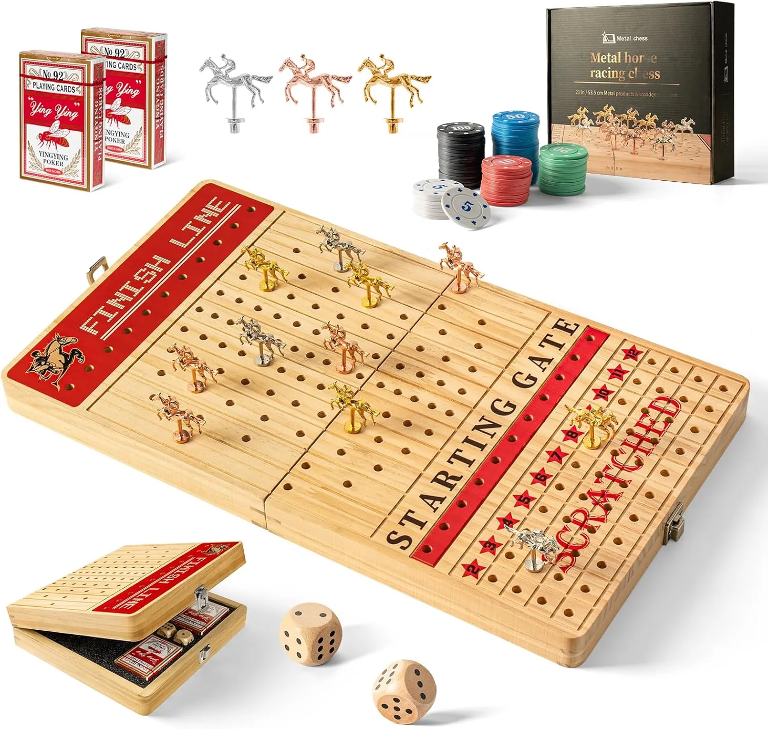 Horse Racing Game with Tokens$ 2 mandan perfect philanthropist application basin cast Sets of Dice$ 2 Boxes of Cards for Parties Horse Race Board Game$ Large 21" Horse Racing Board Game with 11 Luxury Metal Horses$ Foldable Solid Wood 