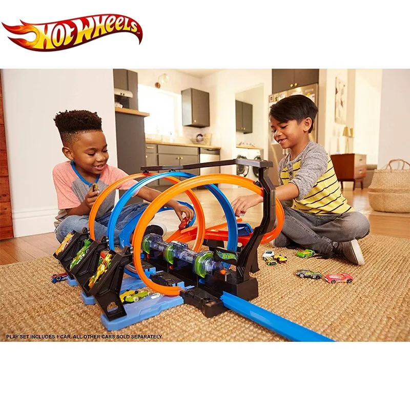 Hot Wheels Corkscrew Crash Car Plastic Track Set Chain Corner Impact Racing Loops and Diecast Mini Toy Hotwheels FTB65 Gift