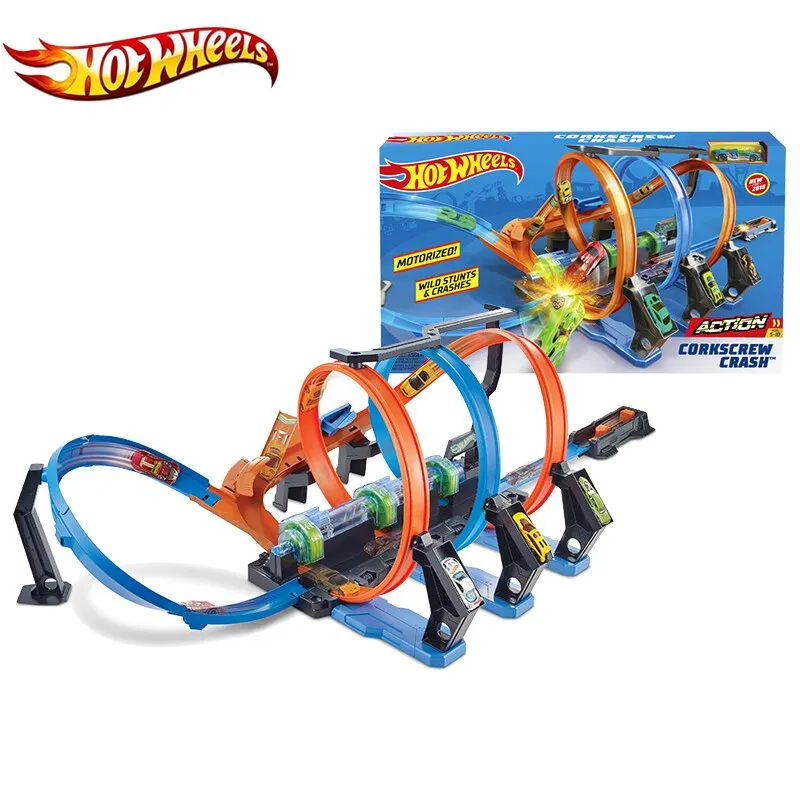 Hot Wheels Corkscrew Crash Car Plastic Track Set Chain Corner Impact Racing Loops and Diecast Mini Toy Hotwheels FTB65 Gift