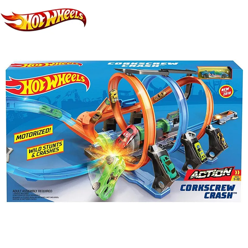 Hot Wheels Corkscrew Crash Car Plastic Track Set Chain Corner Impact Racing Loops and Diecast Mini Toy Hotwheels FTB65 Gift
