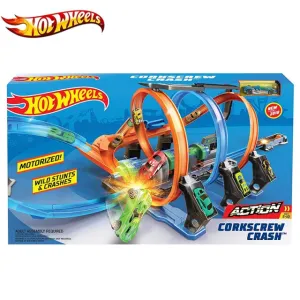 Hot Wheels Corkscrew Crash Car Plastic Track Set Chain Corner Impact Racing Loops and Diecast Mini Toy Hotwheels FTB65 Gift