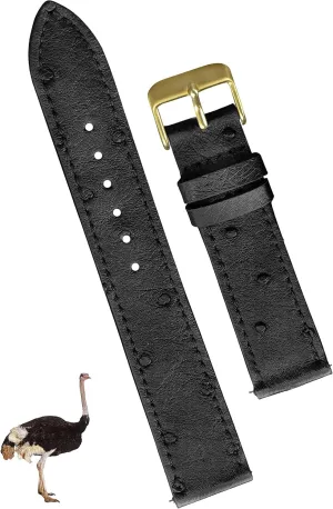 Husband DH-NO-181G-18MM 18mm Flat Black Ostrich Leather Watch Band Men Quick Release Handmade Leather Strap, Slim Replacement Wristband Stainless Steel Buckle, Christmas Father's Day Gift analyst for Dad 