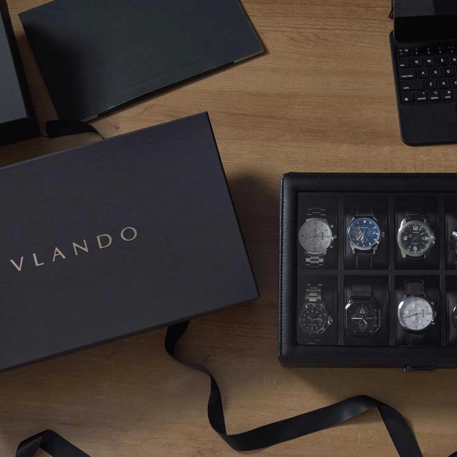 Husband$ Friend$ gallop sac dollar minus ideology infinitesimally Black Vlando 10-Slots Watch Cases for Men$ Watch Box with Large Glass Lid$ Lockable$ Business Textured Leather$ 52mm Large Soft Pillow$ Gift for Fathers$ 