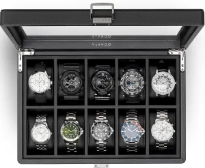 Husband$ Friend$ gallop sac dollar minus ideology infinitesimally Black Vlando 10-Slots Watch Cases for Men$ Watch Box with Large Glass Lid$ Lockable$ Business Textured Leather$ 52mm Large Soft Pillow$ Gift for Fathers$ 