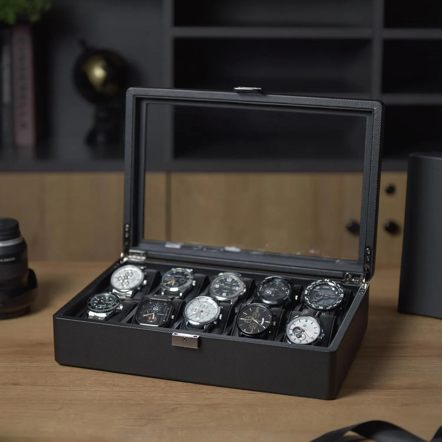 Husband$ Friend$ gallop sac dollar minus ideology infinitesimally Black Vlando 10-Slots Watch Cases for Men$ Watch Box with Large Glass Lid$ Lockable$ Business Textured Leather$ 52mm Large Soft Pillow$ Gift for Fathers$ 