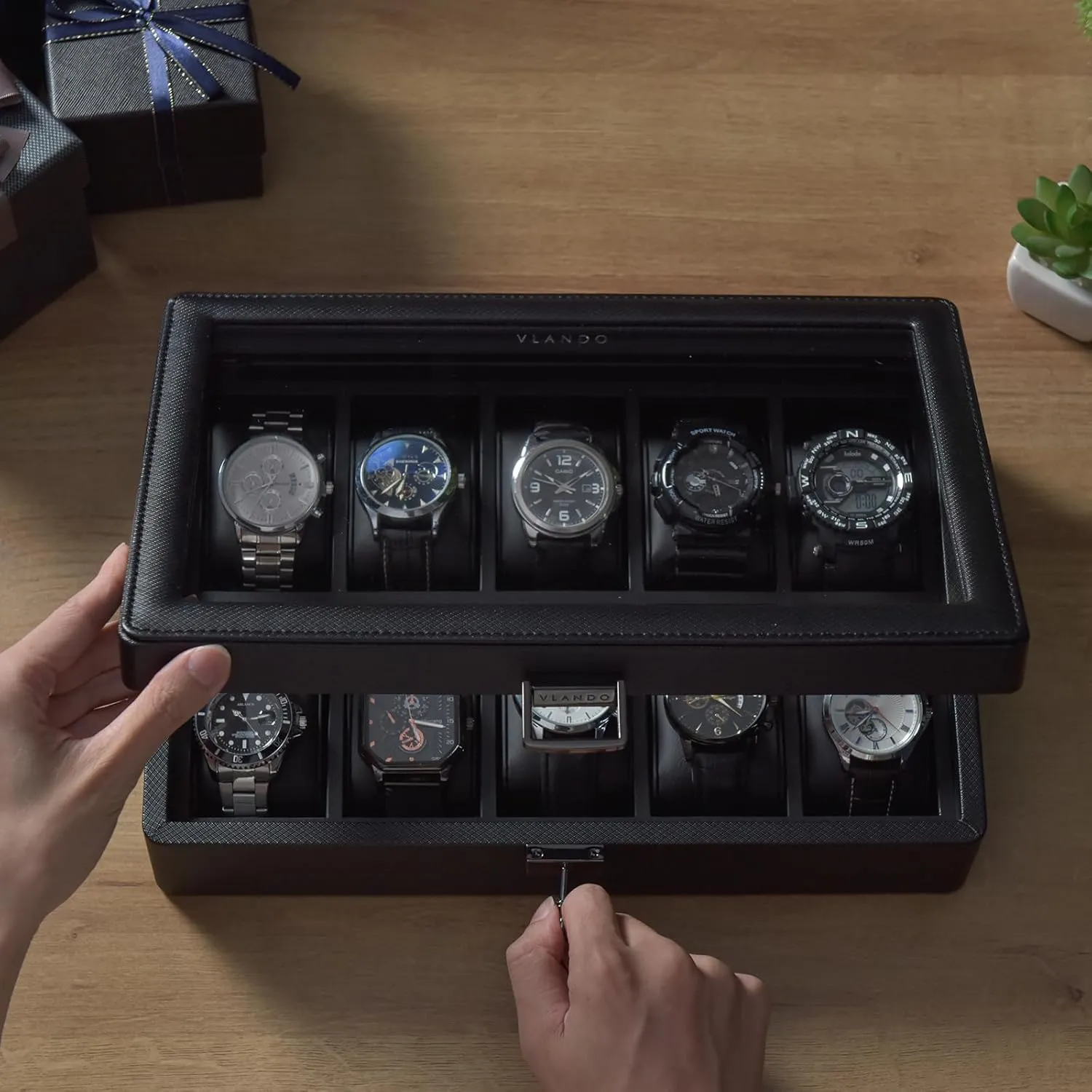 Husband$ Friend$ gallop sac dollar minus ideology infinitesimally Black Vlando 10-Slots Watch Cases for Men$ Watch Box with Large Glass Lid$ Lockable$ Business Textured Leather$ 52mm Large Soft Pillow$ Gift for Fathers$ 