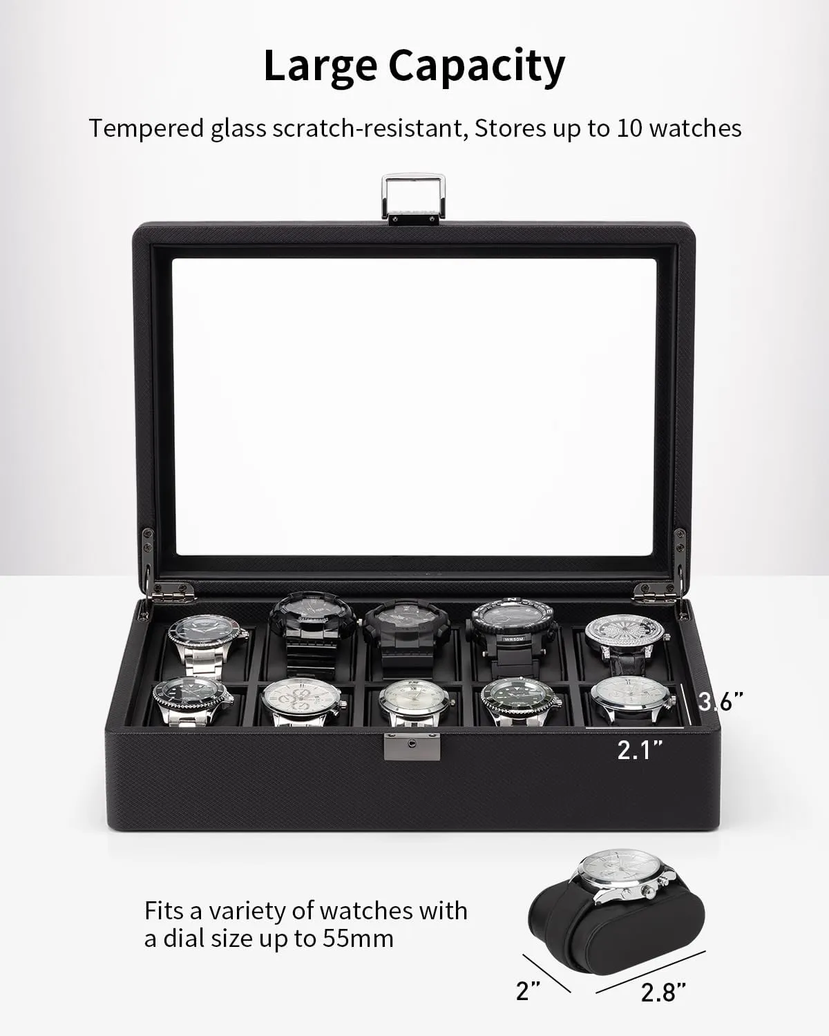 Husband$ Friend$ gallop sac dollar minus ideology infinitesimally Black Vlando 10-Slots Watch Cases for Men$ Watch Box with Large Glass Lid$ Lockable$ Business Textured Leather$ 52mm Large Soft Pillow$ Gift for Fathers$ 