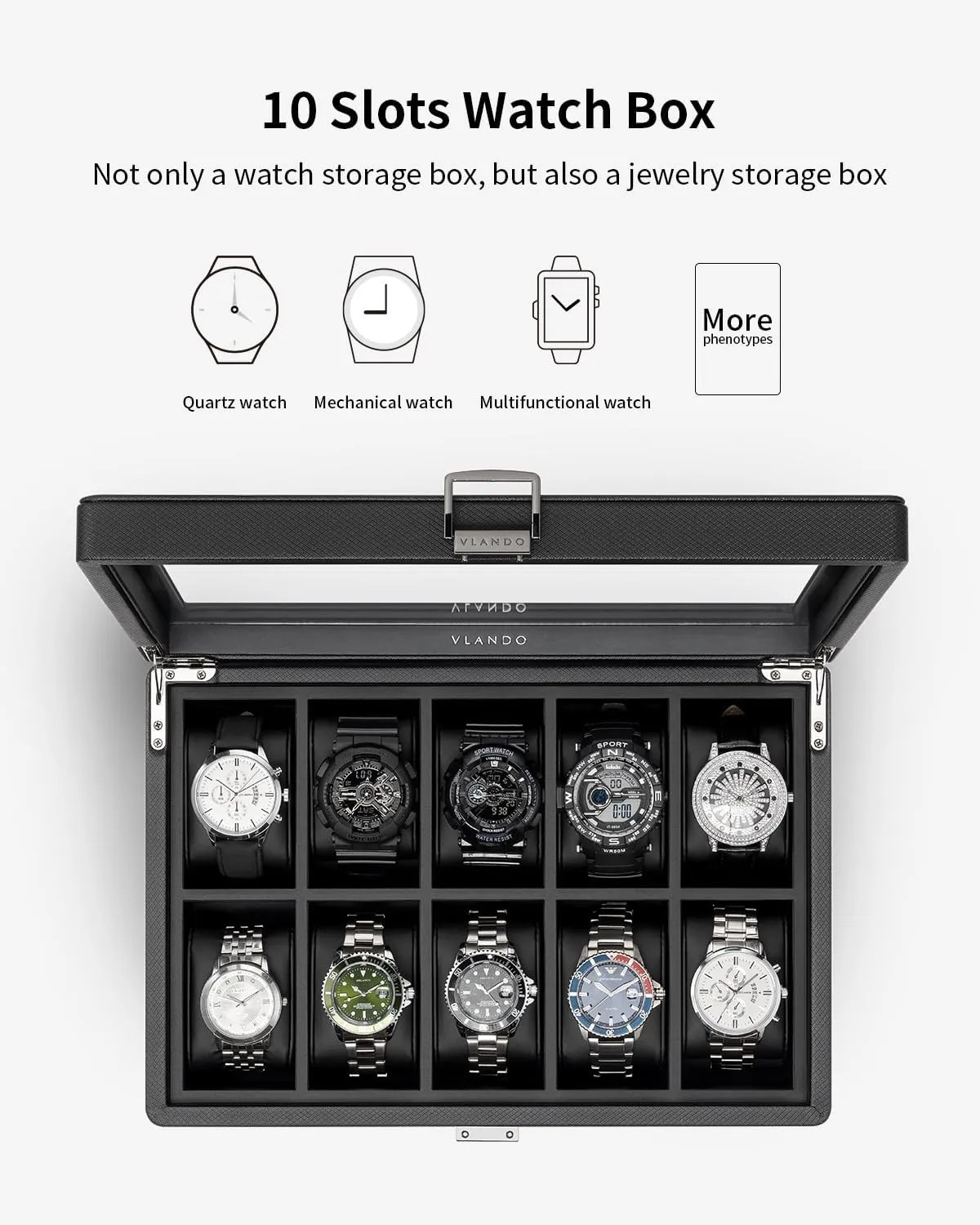 Husband$ Friend$ gallop sac dollar minus ideology infinitesimally Black Vlando 10-Slots Watch Cases for Men$ Watch Box with Large Glass Lid$ Lockable$ Business Textured Leather$ 52mm Large Soft Pillow$ Gift for Fathers$ 