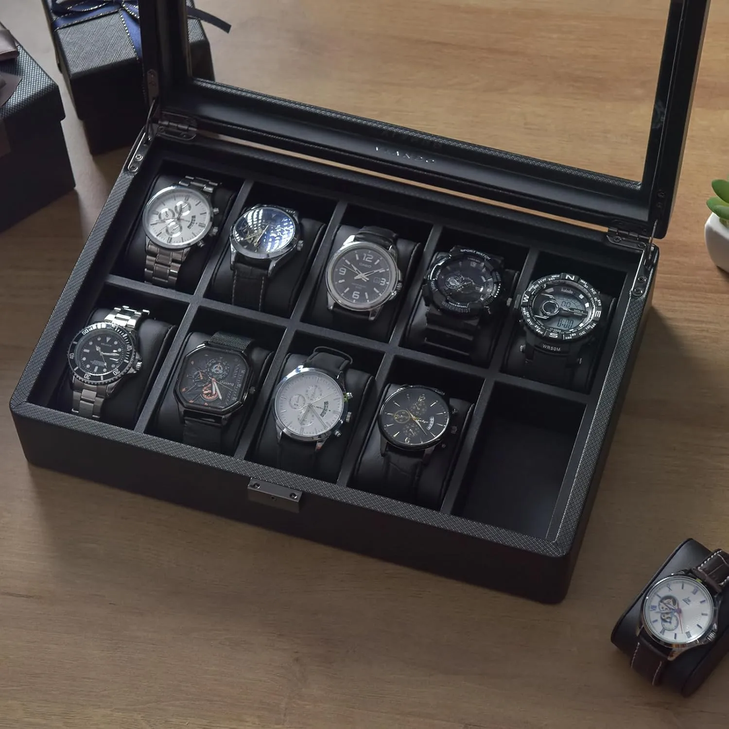Husband$ Friend$ gallop sac dollar minus ideology infinitesimally Black Vlando 10-Slots Watch Cases for Men$ Watch Box with Large Glass Lid$ Lockable$ Business Textured Leather$ 52mm Large Soft Pillow$ Gift for Fathers$ 