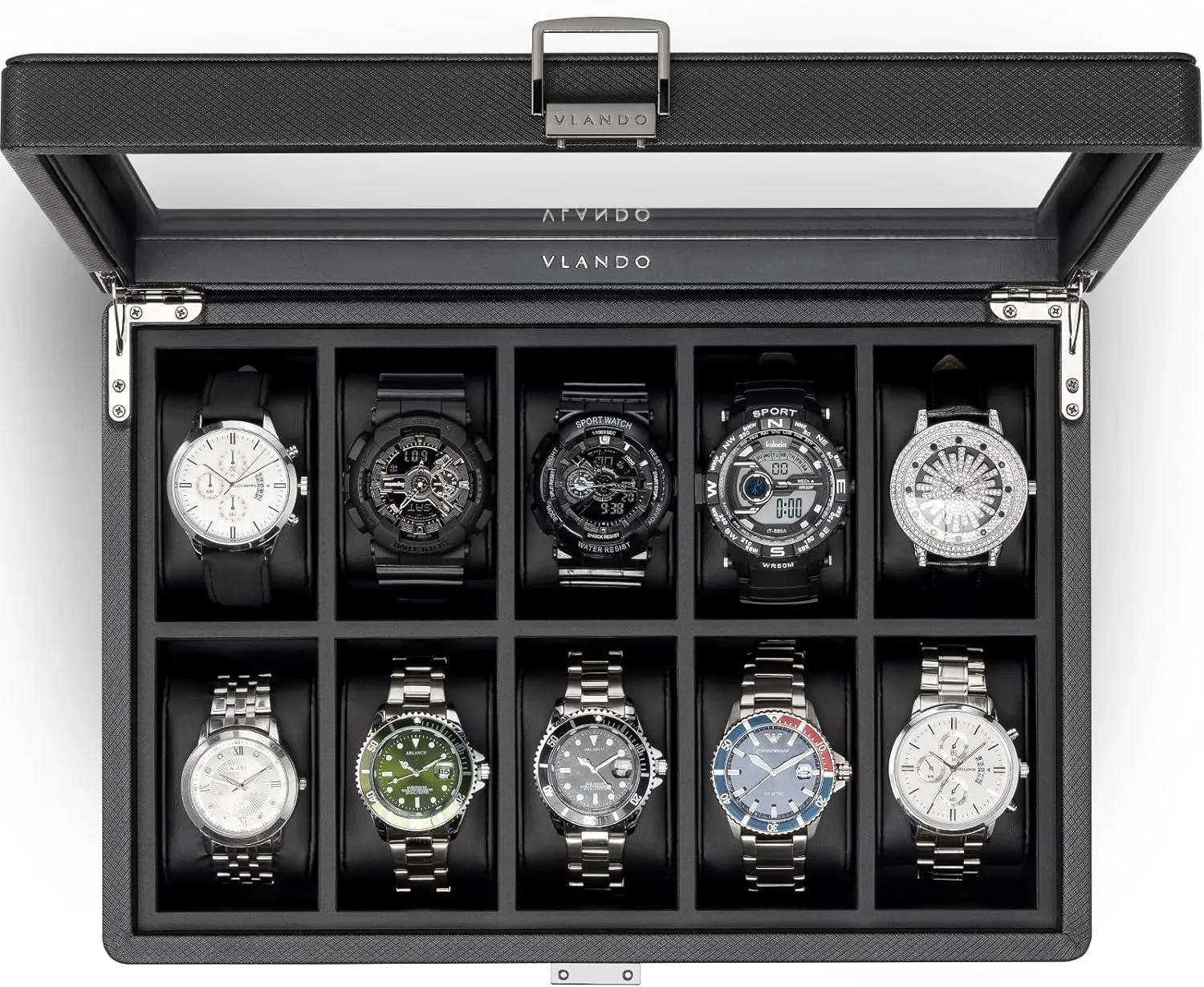 Husband$ Friend$ gallop sac dollar minus ideology infinitesimally Black Vlando 10-Slots Watch Cases for Men$ Watch Box with Large Glass Lid$ Lockable$ Business Textured Leather$ 52mm Large Soft Pillow$ Gift for Fathers$ 