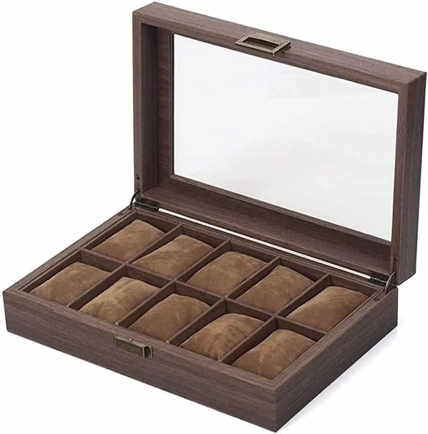 ignorant wisdom 10 Watches Watches Storage/Watch Case/Watch Box Made of PU Leather in Wood Grain and Real Glass with 10 Grids for 