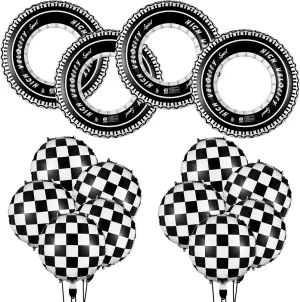 Inch Race Balloons for Birthday Party(Plaid Style) 14 Pcs Car Decorations Racing Cars Birthday Party Supplies 4 Tire Tube Swim Ring Inflatable Tire porous Floats for Pool with 10 Balloons 18 