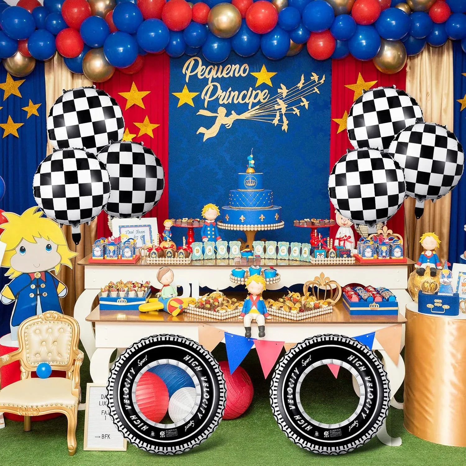 Inch Race Balloons for Birthday Party(Plaid Style) 14 Pcs Car Decorations Racing Cars Birthday Party Supplies 4 Tire Tube Swim Ring Inflatable Tire porous Floats for Pool with 10 Balloons 18 