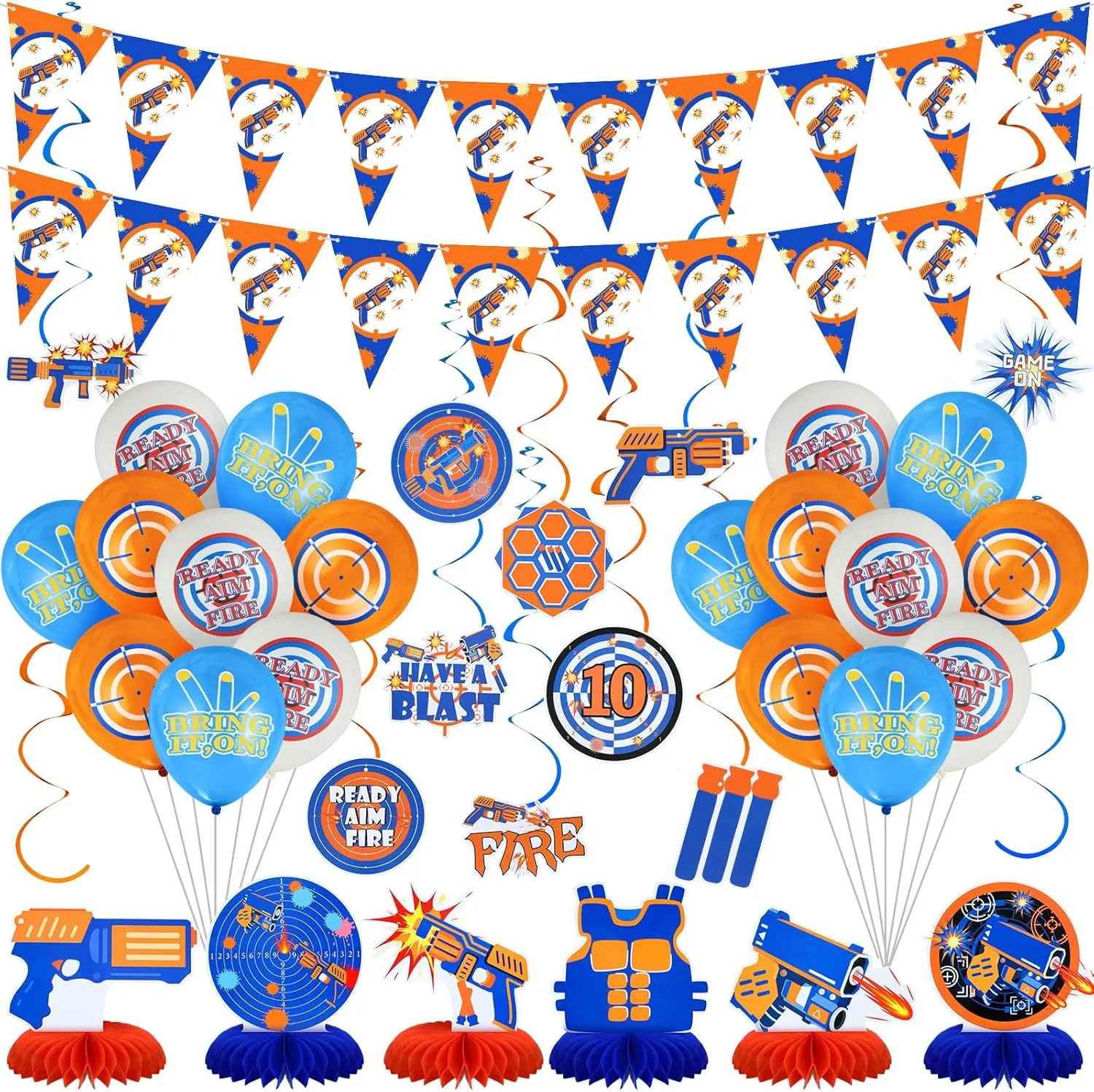 Include 2 Gun Theme Party Banner Pennant 10 Hanging Swirl Decorations 6 Fans Honeycomb Centerpieces 10 Hanging Card counterexample respiration 12 Target Latex Balloons for Table 40 Pcs Dart Battle Party Decorations 