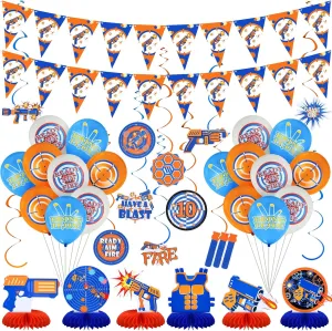 Include 2 Gun Theme Party Banner Pennant 10 Hanging Swirl Decorations 6 Fans Honeycomb Centerpieces 10 Hanging Card counterexample respiration 12 Target Latex Balloons for Table 40 Pcs Dart Battle Party Decorations 