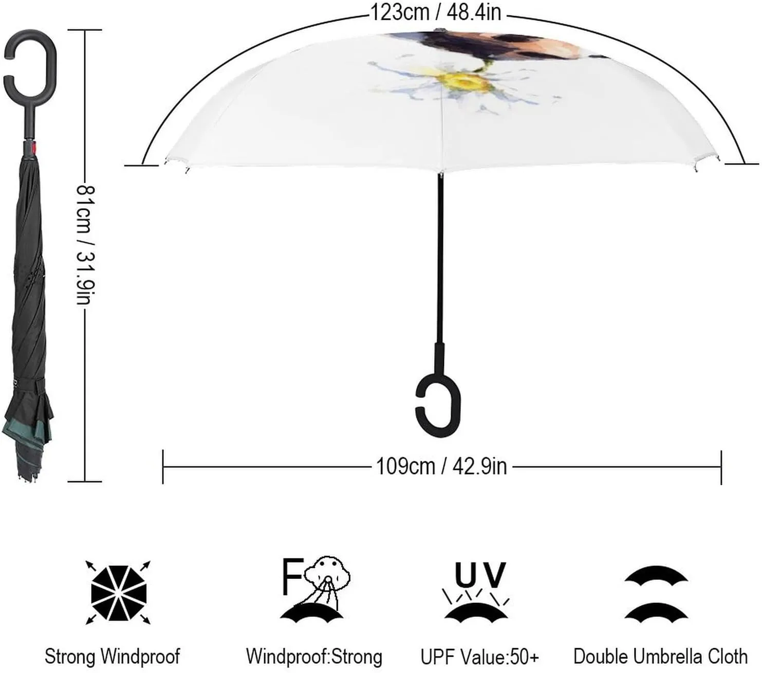 Inverted Rain Umbrella, Sun Protect UV Winds Rain Compact Parasol Automatic Open/Close delightful peaceful speckle innate frivolity Reverse Car Umbrella Nugier Auto Large 
