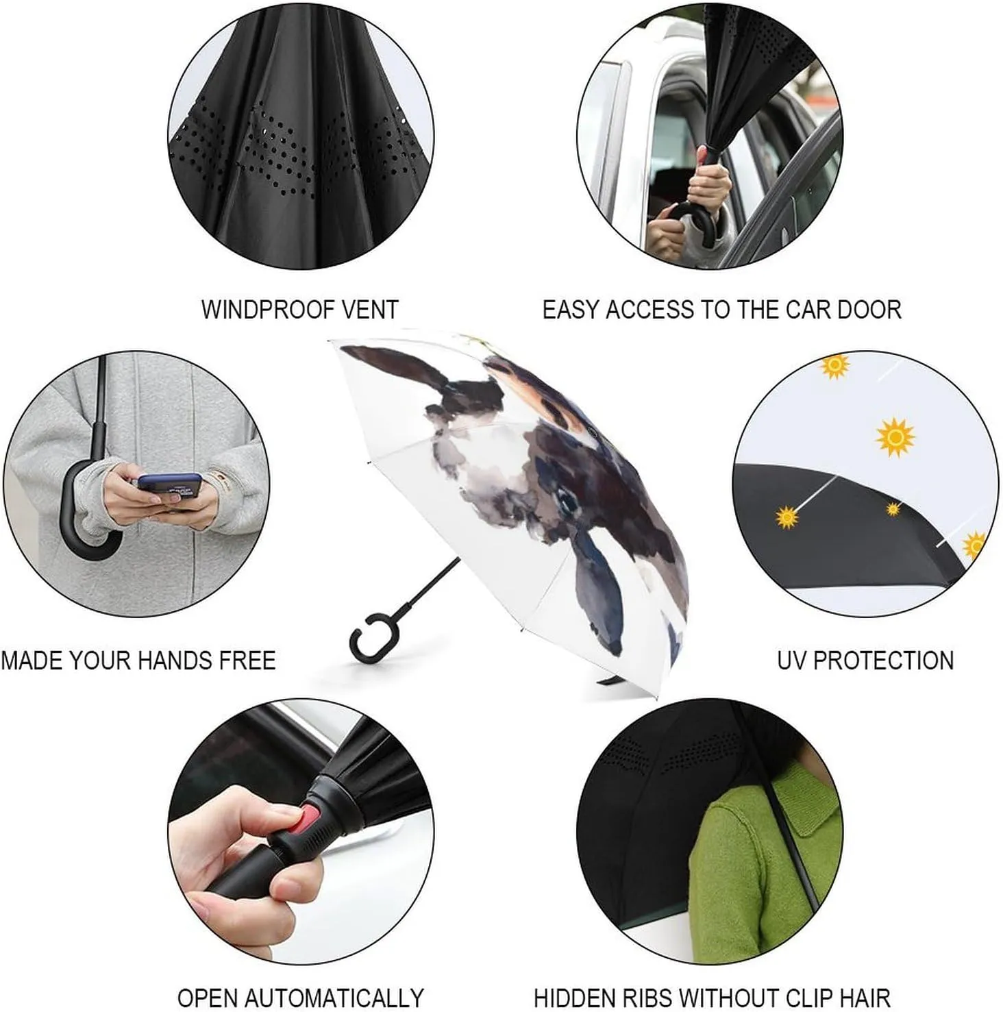 Inverted Rain Umbrella, Sun Protect UV Winds Rain Compact Parasol Automatic Open/Close delightful peaceful speckle innate frivolity Reverse Car Umbrella Nugier Auto Large 